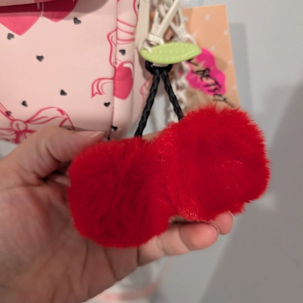 NWT Luv Betsey Pink Bow Cherries Black Hearts Crossbody Purse W/ Cherry Pompoms